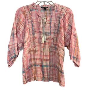 Zac & Rachel Women's Size Large Pink Plaid Tie Front Peasant Blouse